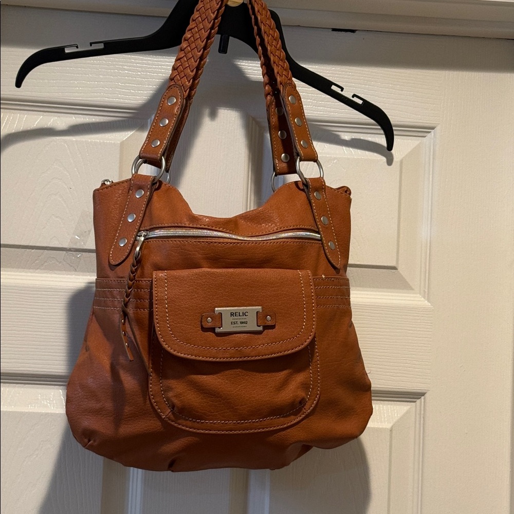 Braided-Handle Shoulder Bag Cognac Brown Brush Nickel Hardware Soft Cruelty Free